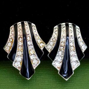 Vintage Abstract Stylish Black Wavy Rhinestones Clip On Earrings by Avon, K31